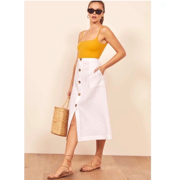 REFORMATION Highland Button Front Midi Linen Skirt In White Size 4 - Picture 10 of 13